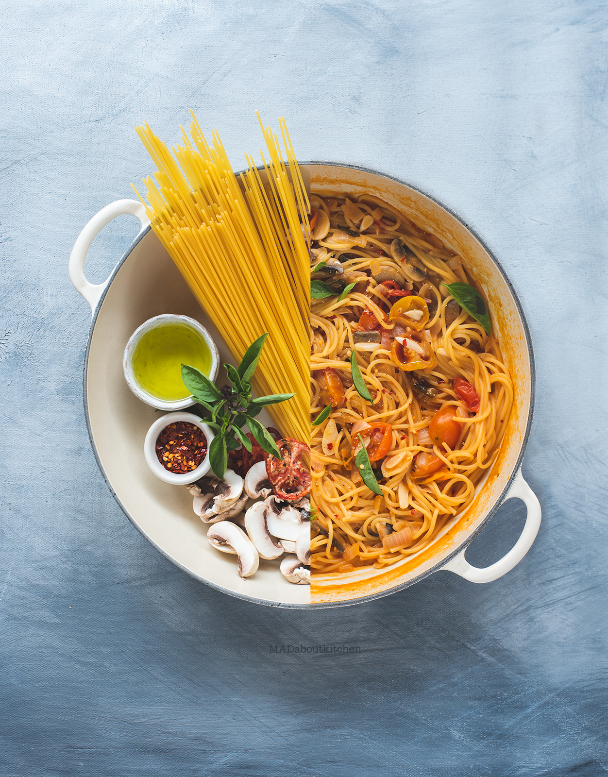 One Pot Pasta, the name itself is self explanatory. Chop ,add everything into one pot and cook and a hearty meal for the family is ready.