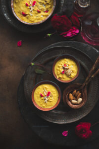 Ingredients  2 ltrs - whole fat milk 1/4 cup - Sugar 1 tsp - Saffron Almond flakes and Dry Rose Petals