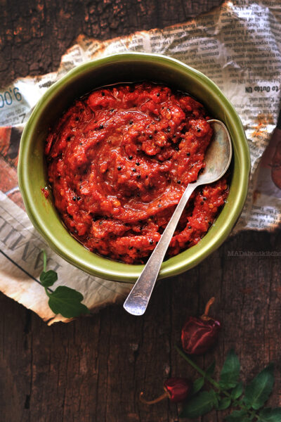 Tomato chutney tastes heavenly with steamed rice and ghee & of course with dosa or roti. Tangy and hot this tomato chutney is just lip smacking.
