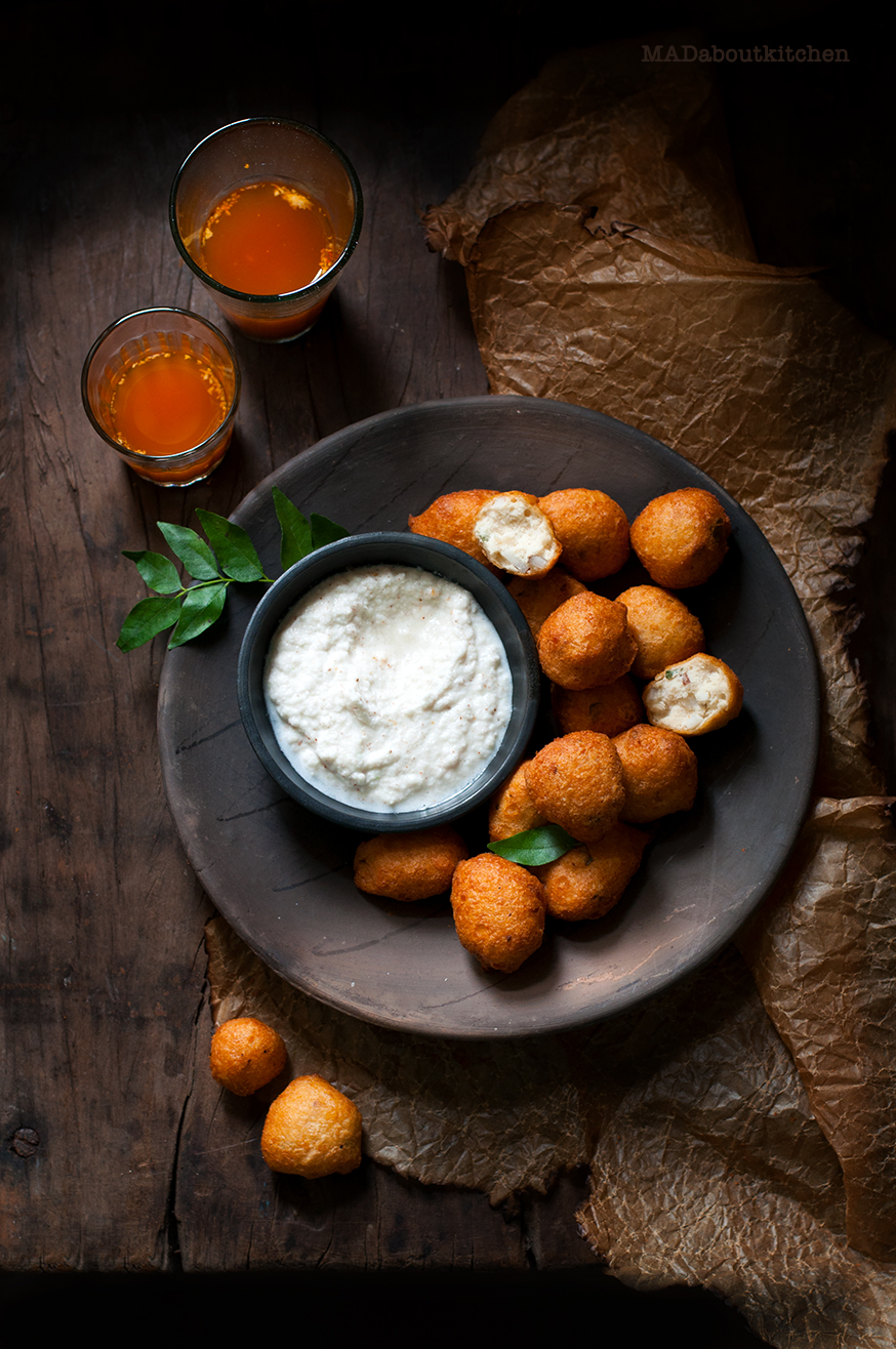 Mysore Bonda, are these small deep-fried dumplings which are crispy outside and fluffy and soft inside and is usually served with coconut chutney.