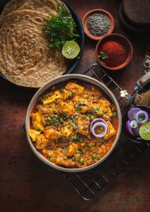 Paneer matar is cottage cheese and peas cooked in a tomato and onion gravy and flavoured with loads of spices and is one of the most common dishes in India.