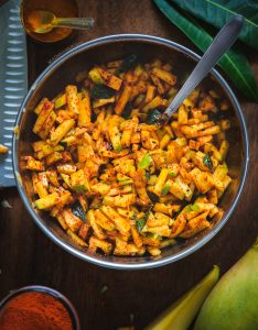 Instant Mango pickle made using Tothapuri mango takes 5 mins to prepare and is a perfect balance of sweet,spicy and sour.
