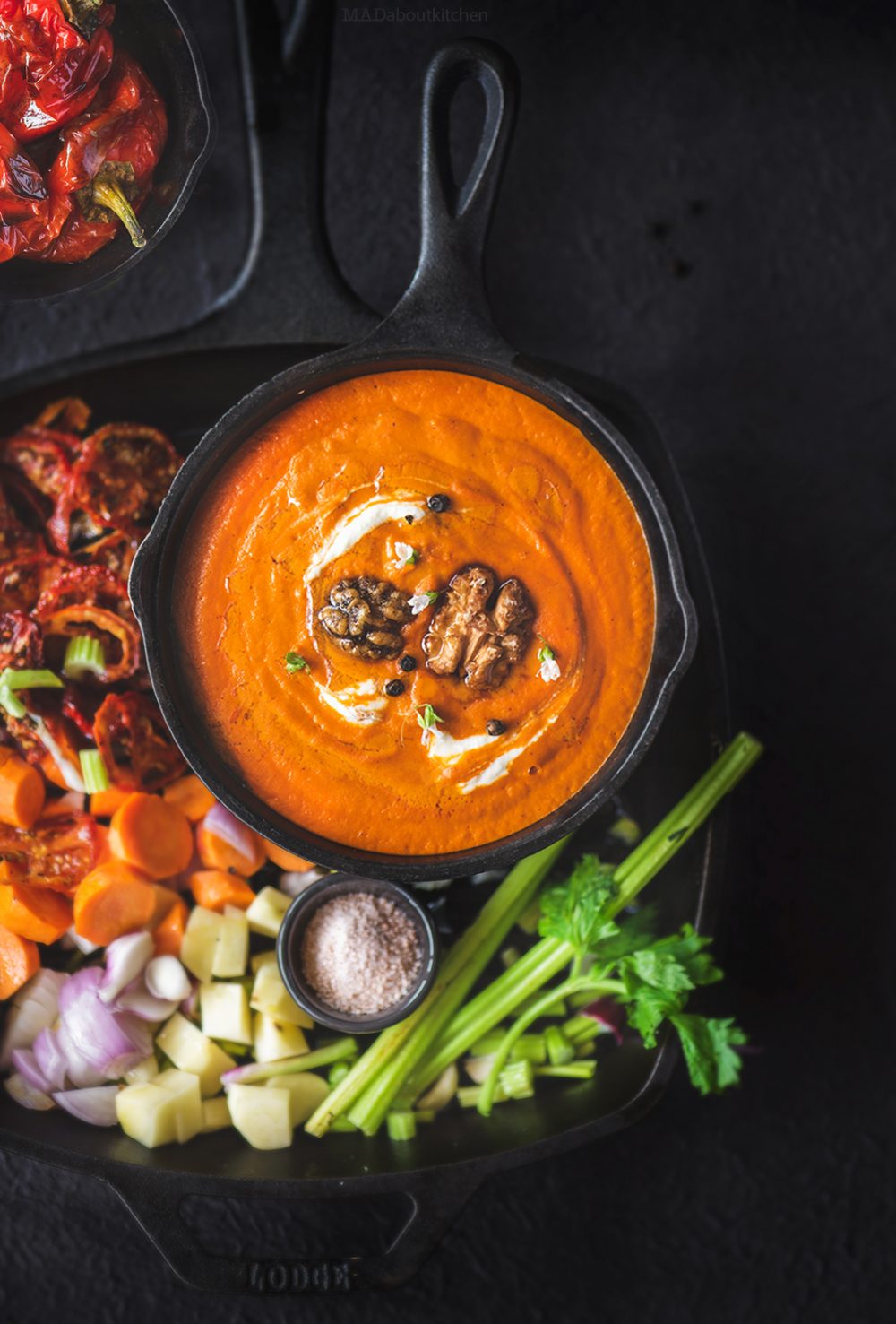 Roasted bell pepper soup made using roasted red pepper has an intense smoky flavour and is creamy and absolutely flavourful.