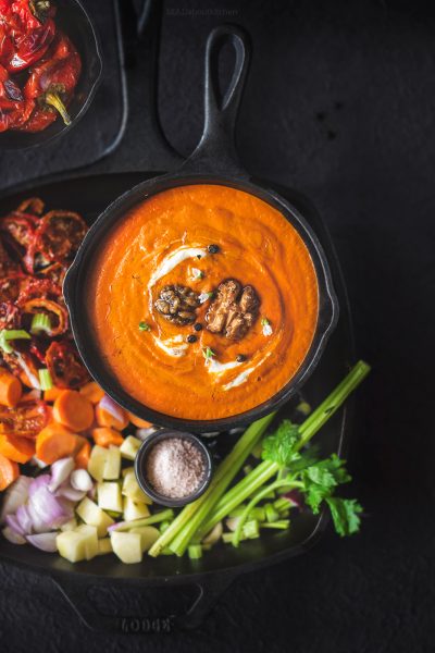Roasted bell pepper soup made using roasted red pepper has an intense smoky flavour and is creamy and absolutely flavourful.