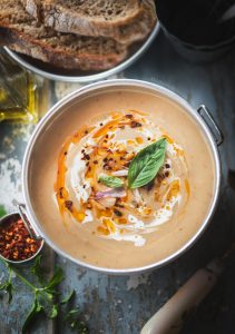 Sweet potato soup which is creamy, sweetish, spicy and is perfect when topped with fresh cream, chilly flakes and is had warm with a crusty bread.