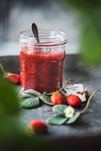Homemade Strawberry Jam with chia seeds which is thick, sticky and glossy which is super simple to make and can be used to spread on bread or on pancakes.