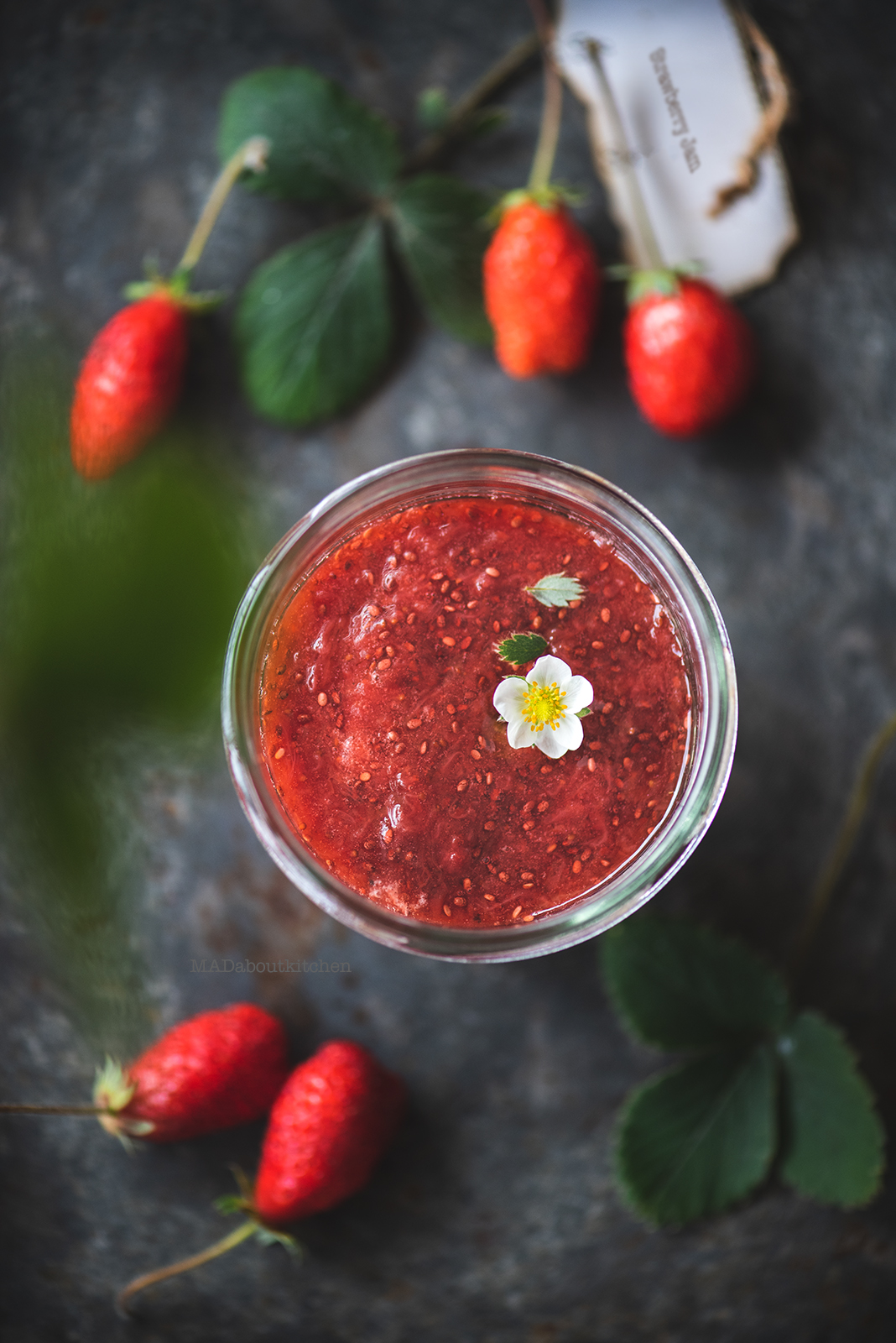 Homemade Strawberry Jam with chia seeds which is thick, sticky and glossy which is super simple to make and can be used to spread on bread or on pancakes.