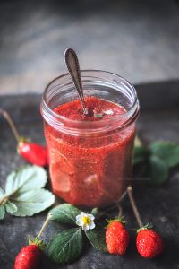 Homemade Strawberry Jam with chia seeds which is thick, sticky and glossy which is super simple to make and can be used to spread on bread or on pancakes.