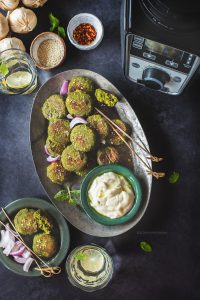 Baked Chana Dal Kebab and the airy, light Garlic Dip is a light, tasty, healthy snack to feed kids during this holiday season.